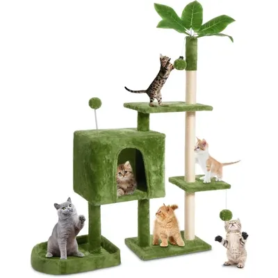 52" Cat Tree Cat Tower for Indoor Cats with Green Leaves, Multi-Level Cozy Plush Condo Cat House