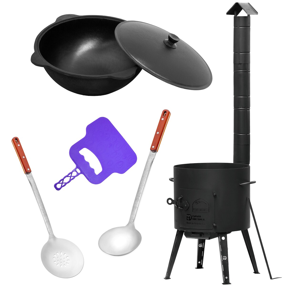 4BIG.fun Ø36 Uchag 2mm stahl Utschak mit Abzugsrohr 10L Kazan Rund Grillfächer Schaumkelle Suppenkelle Utschak Utschag Kasan Feldküche Außenküche Eintopfofen Image