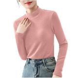 Wyobmus Womens Turtleneck Shirts Long Sleeve Fleece Undershirts Slim Fit Tops Mock Neck Base Layer Tops Pink