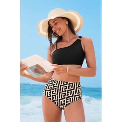Black Asymmetrical Bikini Bralette & High-Waisted Geo Bottoms Set