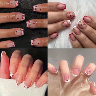 TEMU 96pcs (4 Pieces) French Short Nails, Design, Glitter, Red Rhinette, Short Square Fake Nails, Suitable For Women