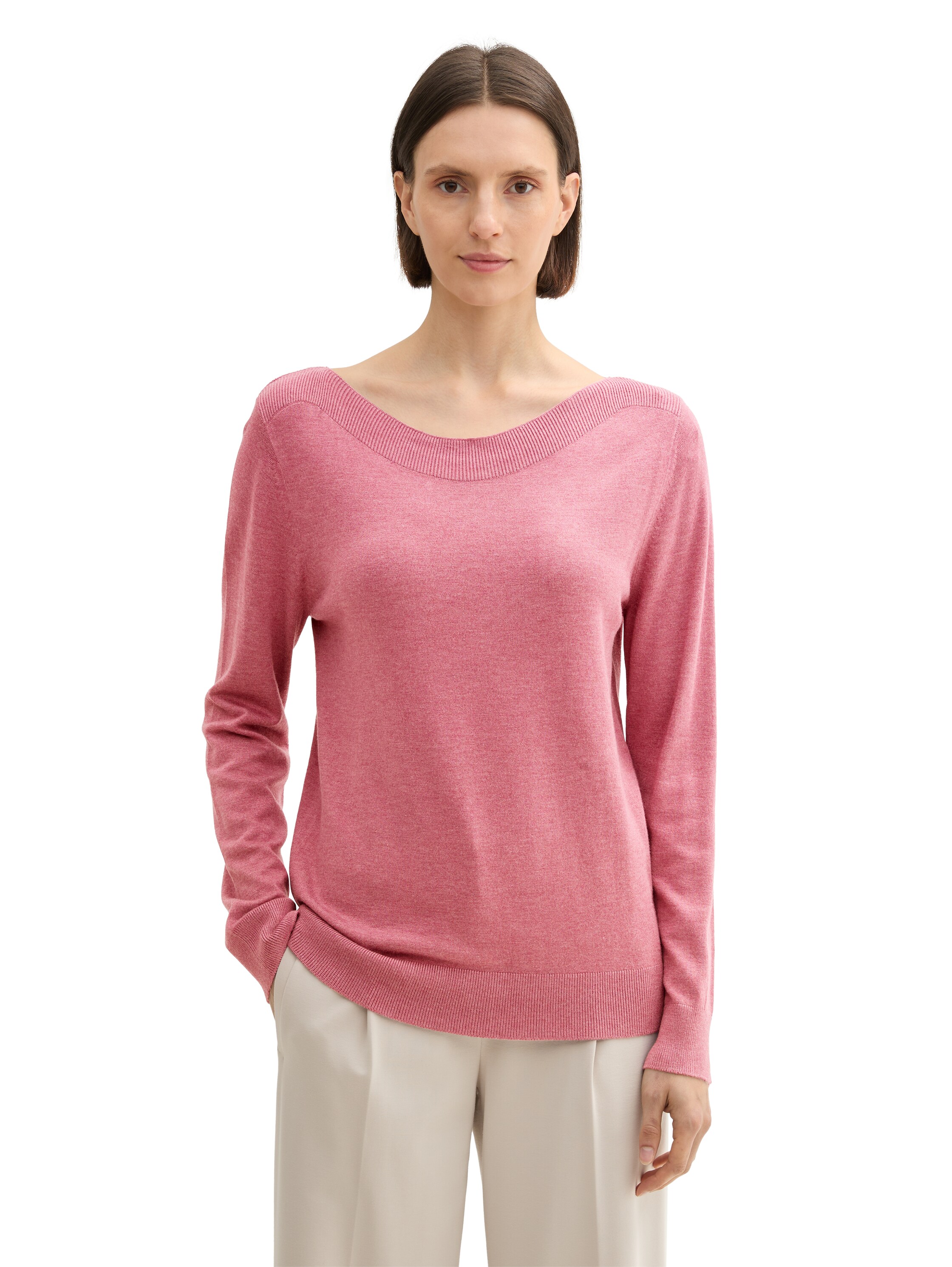 Longpullover TOM TAILOR, Damen, Gr. S (36), rosa (wine rose melange), Obermaterial: 85% Viskose, 15% Polyamid, meliert, regular fit taillenbedeckt, U-Boot-Ausschnitt, Rippbündchen, Pullover Longpullover, mit Rippbündchen