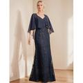 Abito A-Line per la Madre della Sposa Abito Elegante Brillante e Luccicante V Neck Lunghezza Piena in Chiffon Lace Maniche Corte con Pizzo in Paillettes