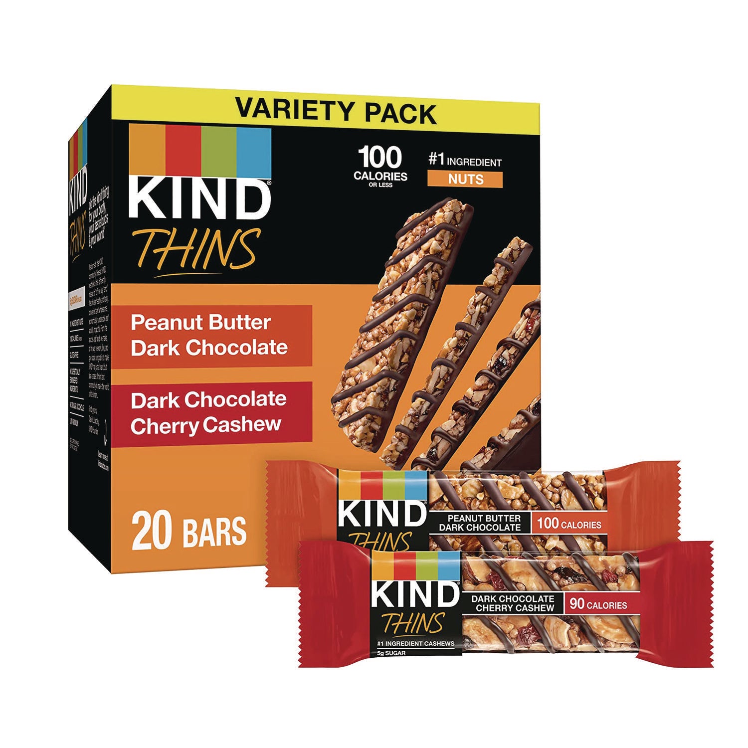 KIND Thins Bar Variety Pack, Dark Chocolate Cherry Cashew; Peanut Butter Dark Chocolate, 0.74 oz, 20/Box (KNDPHW41891) Box of 20 Meals & Snack Bars