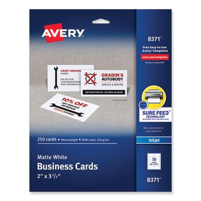 Avery Printable Microperforated Business Cards w/Sure Feed Technology, Inkjet, 2 x 3.5, White, 250 Cards, 10/Sheet, 25 Sheets/Pack (AVE8371) Pack of