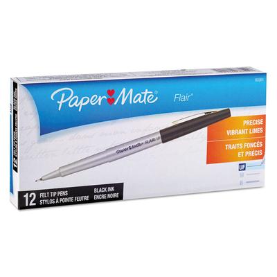 Paper Mate Flair Felt Tip Porous Point Pen, Stick, Extra-Fine 0.4 mm, Black Ink, Gray/Black Barrel, Dozen (PAP8330152) 1 Dozen Papermate® Calligraphy