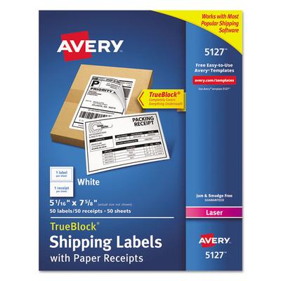 Avery Shipping Labels with Paper Receipt and TrueBlock Technology, Inkjet/Laser Printers, 5.06 x 7.63, White, 50/Pack (AVE5127) Pack of 50 Avery®
