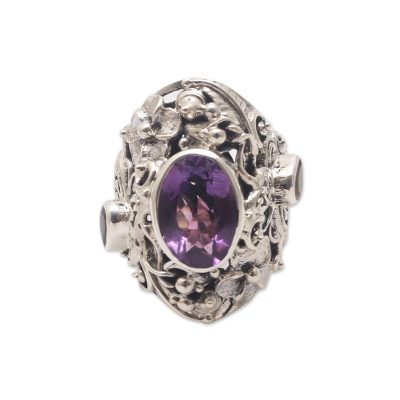 Frangipani Butterfly,'Unique Sterling Silver and Amethyst Cocktail Ring'