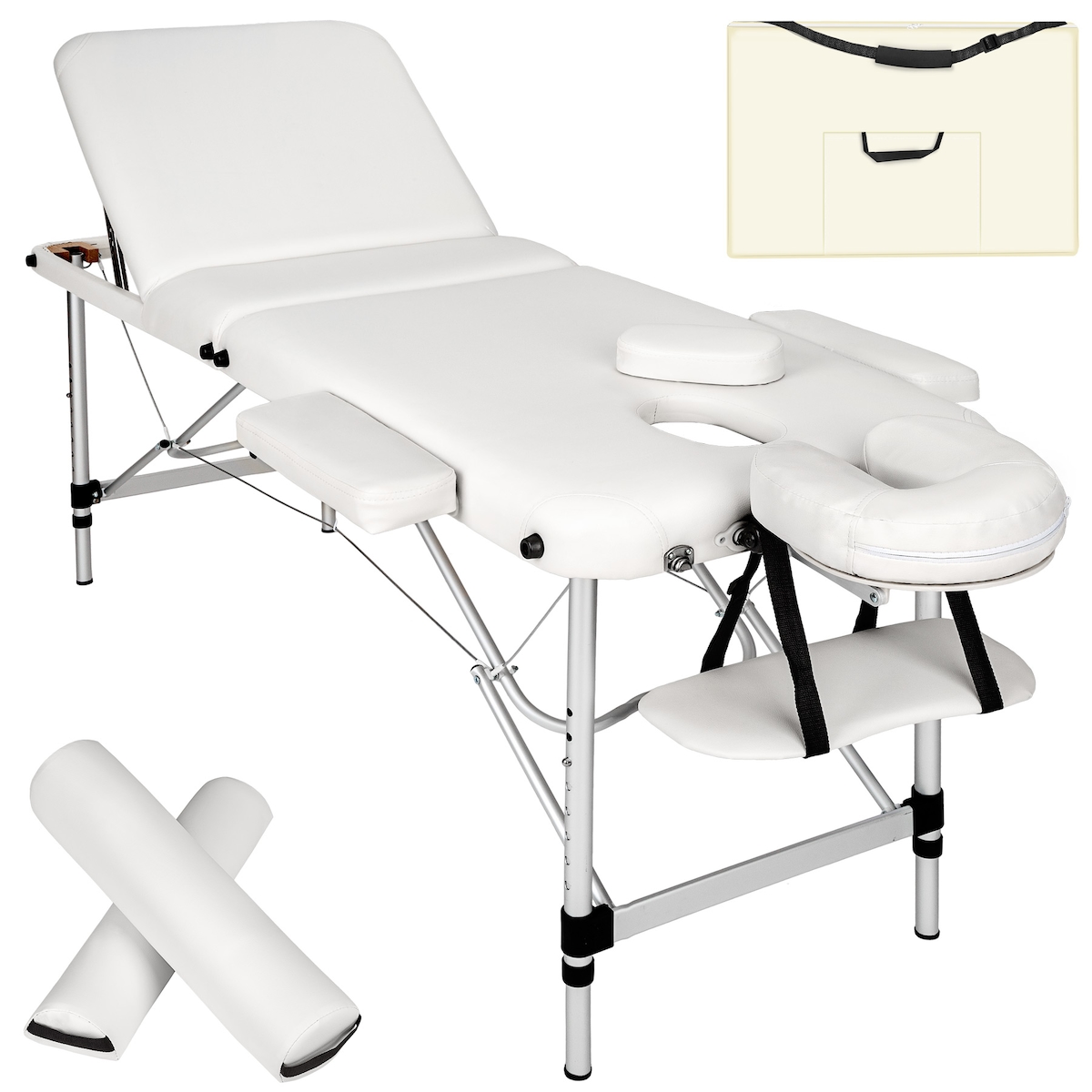 TECTAKE 3 Zonen Massageliege-Set mit 5cm Polsterung, Rollen und Aluminiumgestellweiß Image