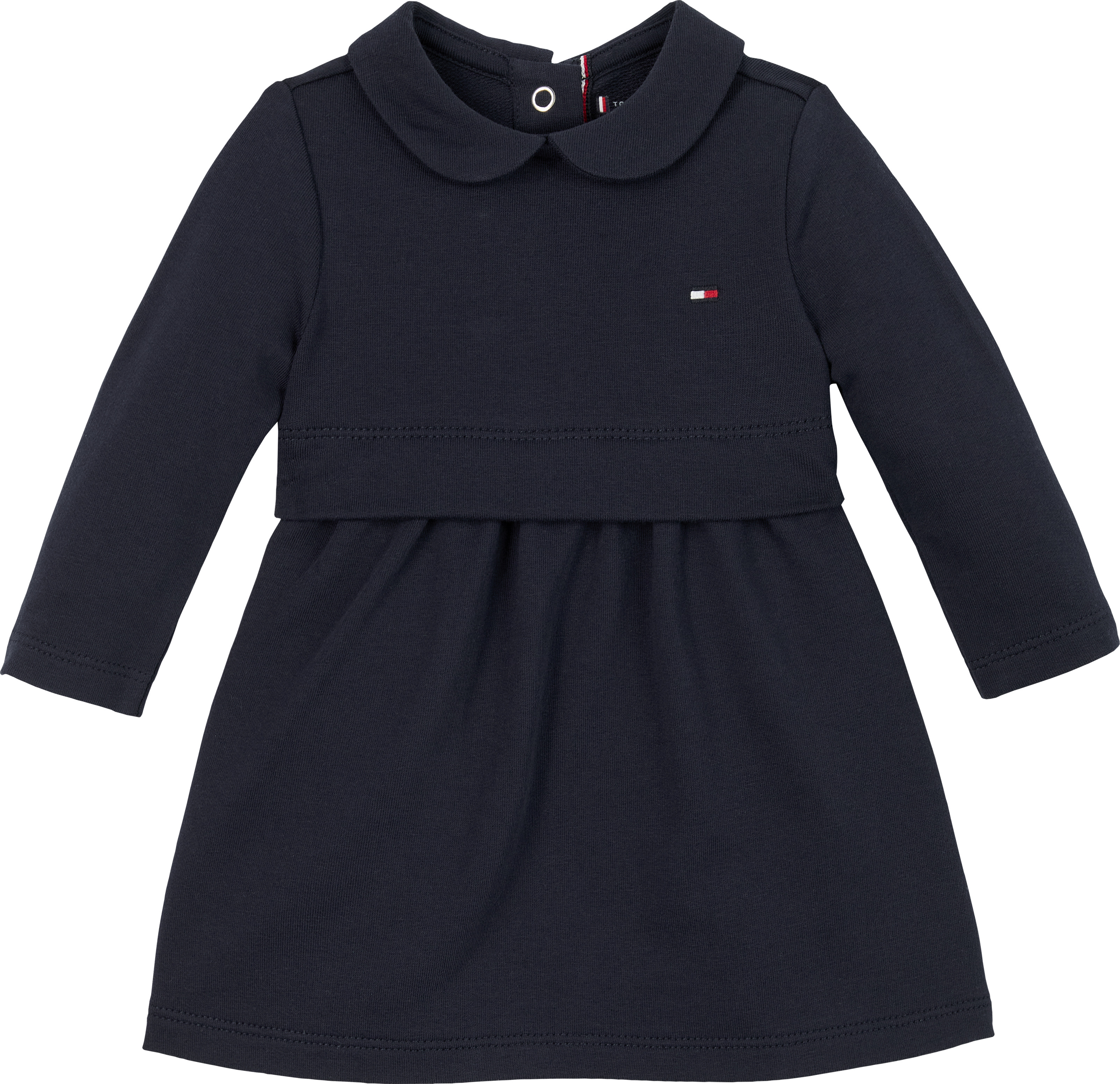 Jerseykleid TOMMY HILFIGER "ESSENTIAL DRESS LS", Mädchen, Gr. 80, N-Gr, blau (schwarz night navy), Jersey, Obermaterial: 95% Baumwolle, 5% Elasthan, unifarben, Basic, normal ca. Mitte Oberschenkel, Rundhals, abgesteppt, Kleider Jerseykleid, mit...
