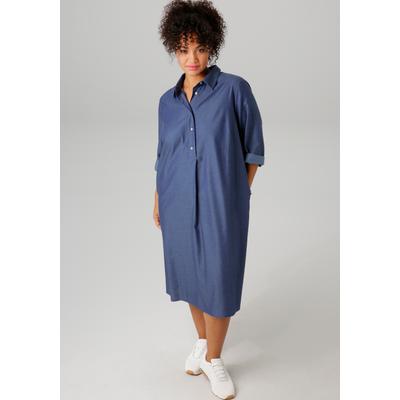Jeanskleid ANISTON PLUS, Damen, Gr. 50, N-Gr, blau (jeansblau), Web, Obermaterial: 100% Baumwolle, unifarben, modisch, figurumspielend knieumspielend, 3/4-Ärmel Krempelärmel, Kleider, mit Hemdkragen Image