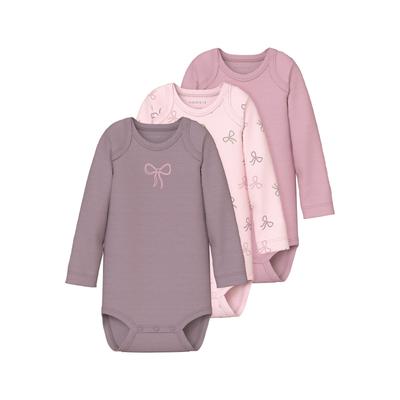 Langarmbody NAME IT "NBFBODY 3P LS BARELY PINK BOW NOOS", Baby, Gr. 80, N-Gr, pink (barely pink), Sweatware, Obermaterial: 100% Baumwolle, bedruckt, casual, regular fit, Rundhals, Langarm, Bodies Image