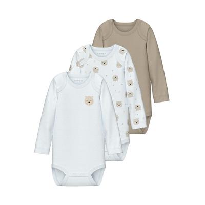Body NAME IT "NBNBODY 3P LS OXFORD BEAR NOOS", Baby, Gr. 56, N-Gr, braun (oxford tan), Sweatware, Obermaterial: 100% Baumwolle, bedruckt, casual, slim fit, Langarm, Bodies Image