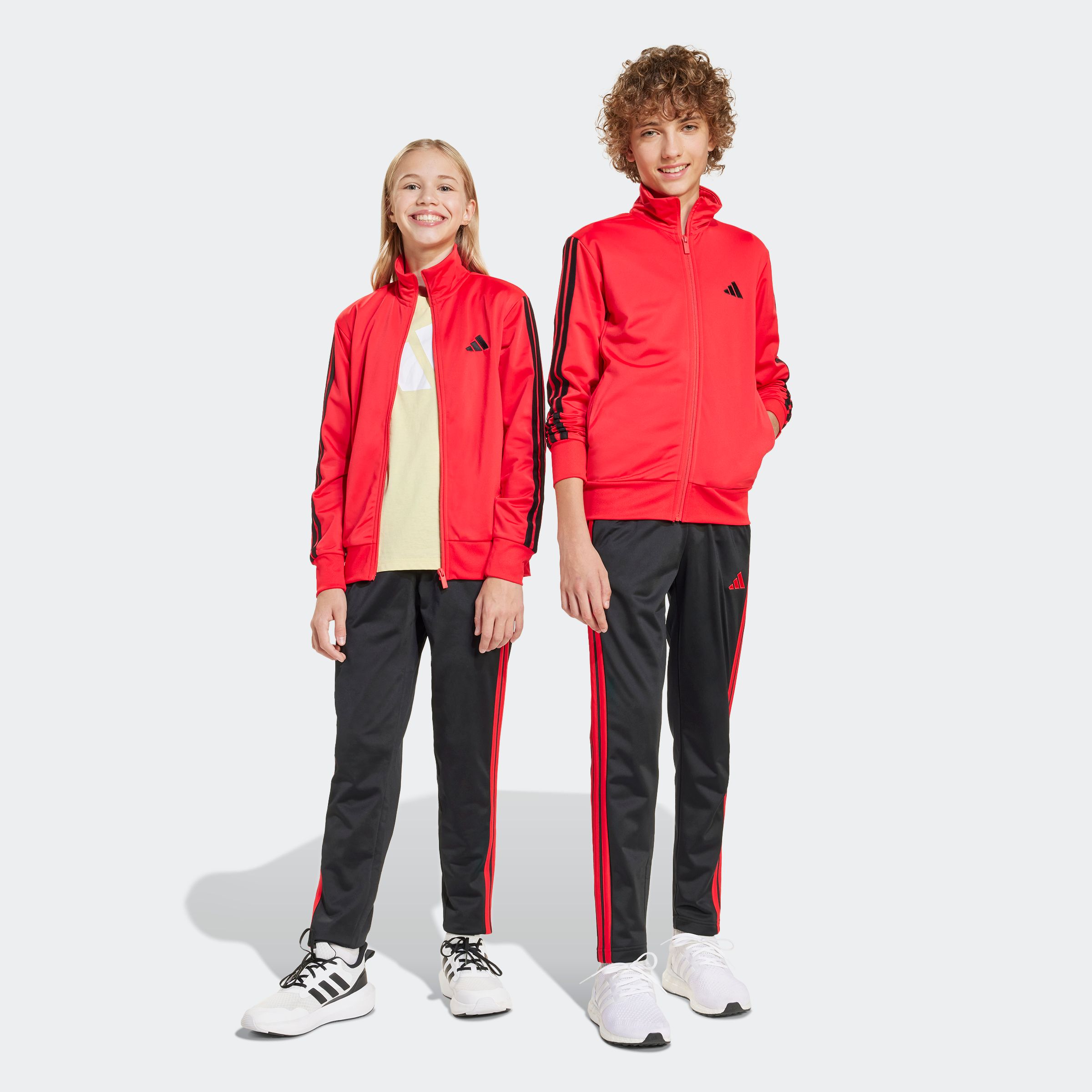 Trainingsanzug ADIDAS SPORTSWEAR "J 3S TR TS 205", Kinder, Gr. 128, rot (pure ruby, schwarz), Obermaterial: 100% Polyester, Sportanzüge Image