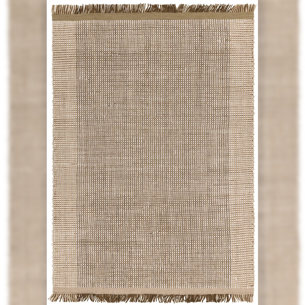 Wollteppich Handgewebt Korbmuster | 200x290cm, 4mm Florhöhe, 14mm Gesamthöhe | Olivgrün | Mit Fransen | Schalldämpfend | PISA Kollektion Kadima Design Image