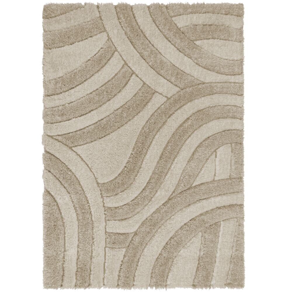 Hochflor-Teppich aus 100% recyceltem Polyester, handgeschnitzt & umweltfreundlich – `Nadd`. Naturfarben, 80x150 cm | Kadima Design Image