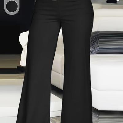TEMU Women's Plus Size High-waisted Wide-leg Pants - V-neck Design, Solid Black, Medium Stretch, Machine Washable, Elegant For Spring/summer Casual & Formal Outfits, High Waist Pants Image