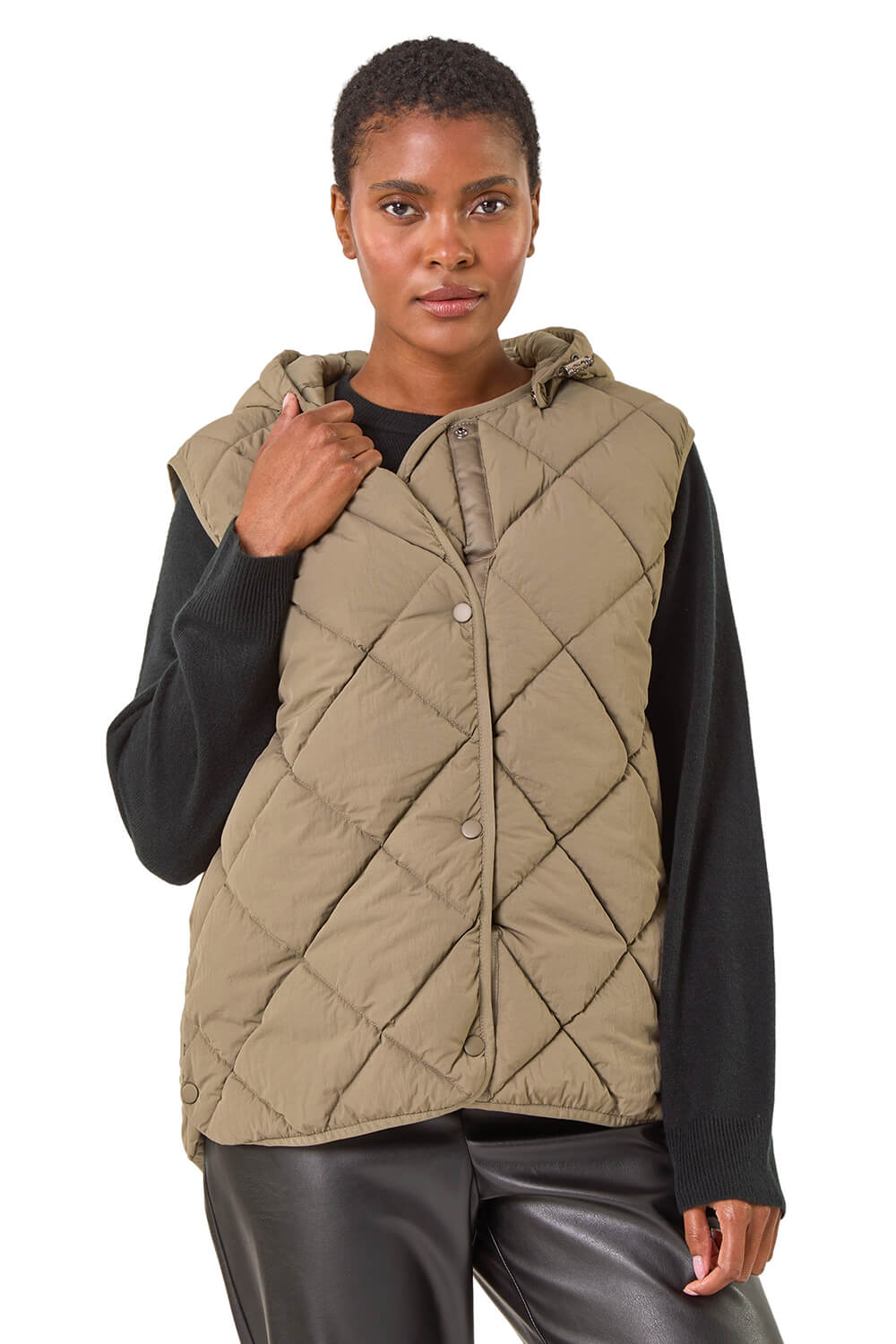 Roman Womens Hooded Quilt Gilet - Khaki - Size 14 UK | Roman Sale | Discount Designer Brands