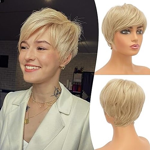 Pixie-Cut-Perücken, synthetische Perücke mit kurzem Pixie-Haarschnitt und Pony, klebefreie Stufenperücke, gewellte Perücken für Frauen Image