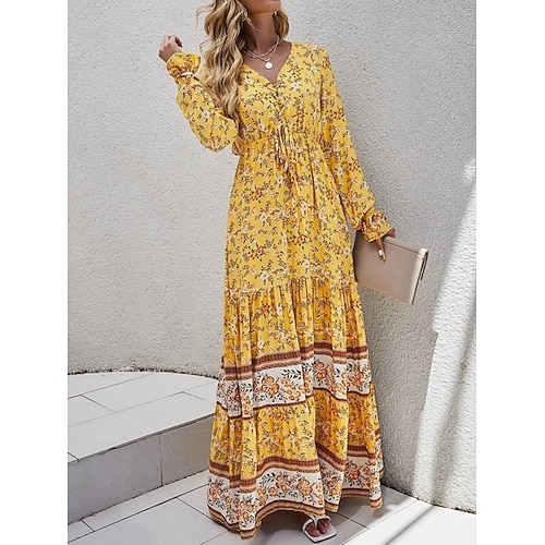 Damen Maxikleid Freizeitkleid Schwingkleid Langärmliges Boho-Kleid A Linie Kleid Bohemien Lässig Urlaub Täglich Normale Passform Blumen Langarm V Ausschnitt Gelb Rosa Blau Frühling Herbst Image