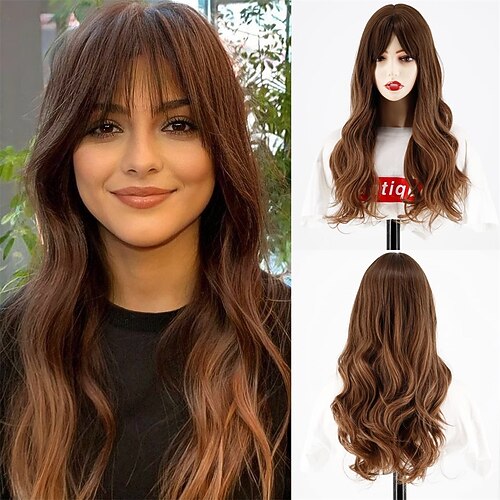 lange dunkelgrüne perücke mit pony ombre lockige grüne perücke für damenlange dunkelgrüne cosplay perücke synthetisch natürlich aussehend für den alltag und party weihnachtsfeier perücken Image