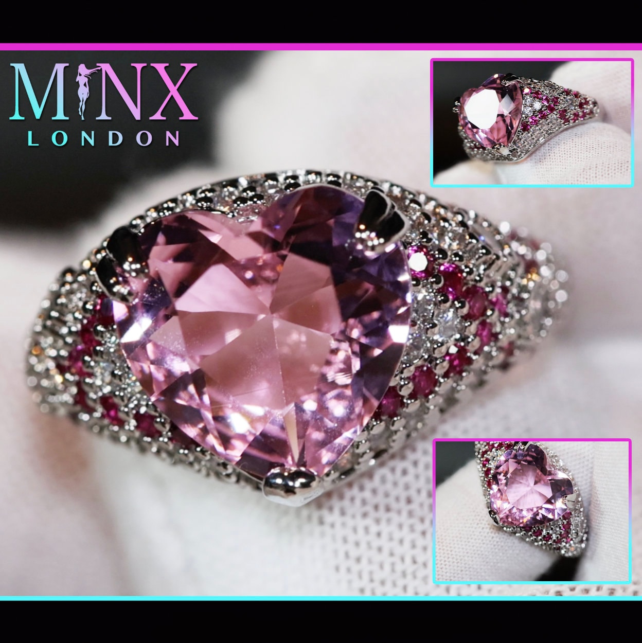 Anello con cuore di diamanti rosa / Anello con diamanti rosa / Anello a forma di cuore rosa / Anello a forma di cuore / Anello con cuore di diamanti /