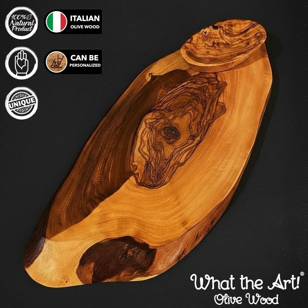 WTA! Legno d'ulivo «Vesper» | Tagliere da portata in legno d'ulivo + ciotole per salse | Fatto a mano | Tagliere rustico in legno massello per snack