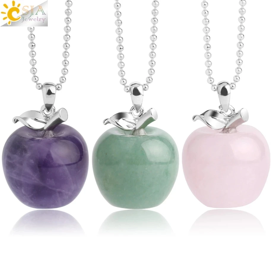 CSJA Apple Naturstein Kristall Anhänger Charms Tige Amethysten Anhänger Rosenquarz Halsketten für Weibliche Frauen Weihnachten G046 Image