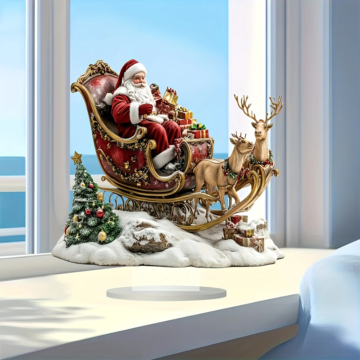 1 Stück 2D flache Acrylschlitten Weihnachtsmann-Ornamente, Weihnachts-Rentierschlitten, perfekte Weihnachts-Desktop-Dekoration für Zuhause, Büro und Café-Dekoration, Geschenke für Familie, Freunde und Image
