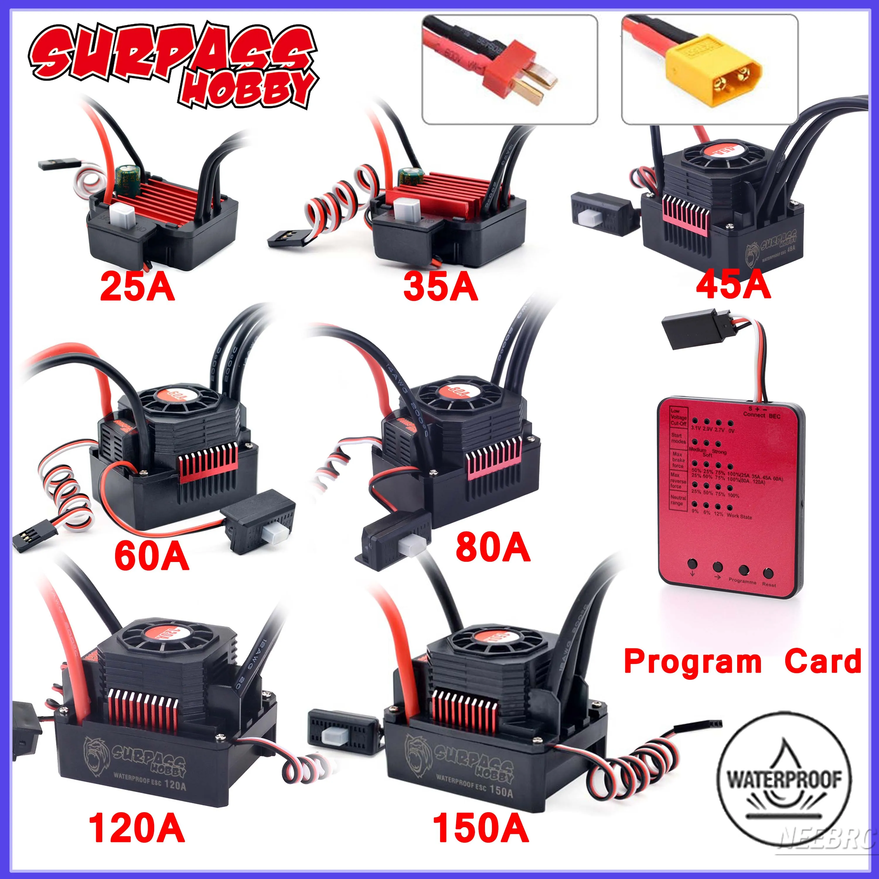 SURPASS HOBBY KK Bürstenloser Regler 25A 35A 45A 60A 80A 120A 150A Wasserdichter T/XT60 für 1/8 1/10 1/12 1/16 1/20 RC Car Crawler Motor