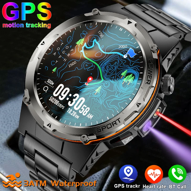 2025 neue Outdoor Military Smart Uhr Männer GPS Trackr IP68 Wasserdicht 500 mAH Gesundheit Monitor Bluetooth anruf Sport Laser armband