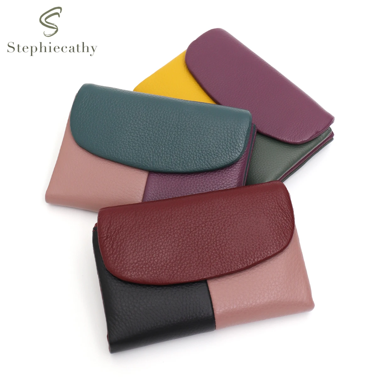 Kurze Damen-Geldbörse aus echtem Rindsleder, Kontrastfarbe, Magnet, dreifach faltbar, Münzbörse, mehrere Kartenfächer, passend für Geldkarten, Münzen, tragbar, täglich Image