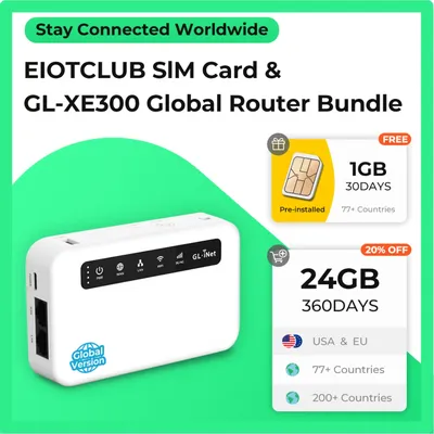 EIOTCLUB 24GB 360Days SIM Card with GL-XE300 Global Router Bundle, 4G LTE Smart VPN Router Portable