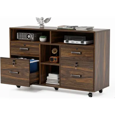 Wide 4 Drawer File Cabinet with Lock, Wood Lateral File Cabinet with Open Shelves, Lockable Rolling