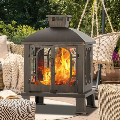 45" H×31''W Metal Chiminea Fire Pit with Grill, Wood Burning Fire Pits for Outside, Fireplace Fire