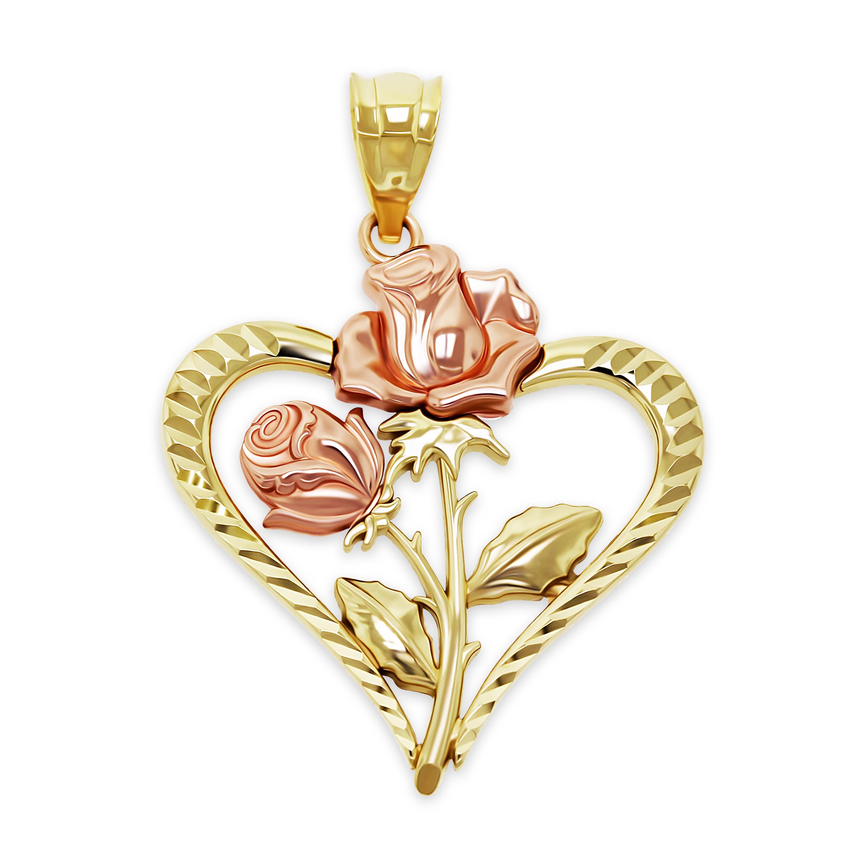Ciondolo a forma di cuore in oro rosa - Ciondolo a forma di cuore con rosa - Oro massiccio 10 carati - Collana a forma di cuore per lei - Ideale come