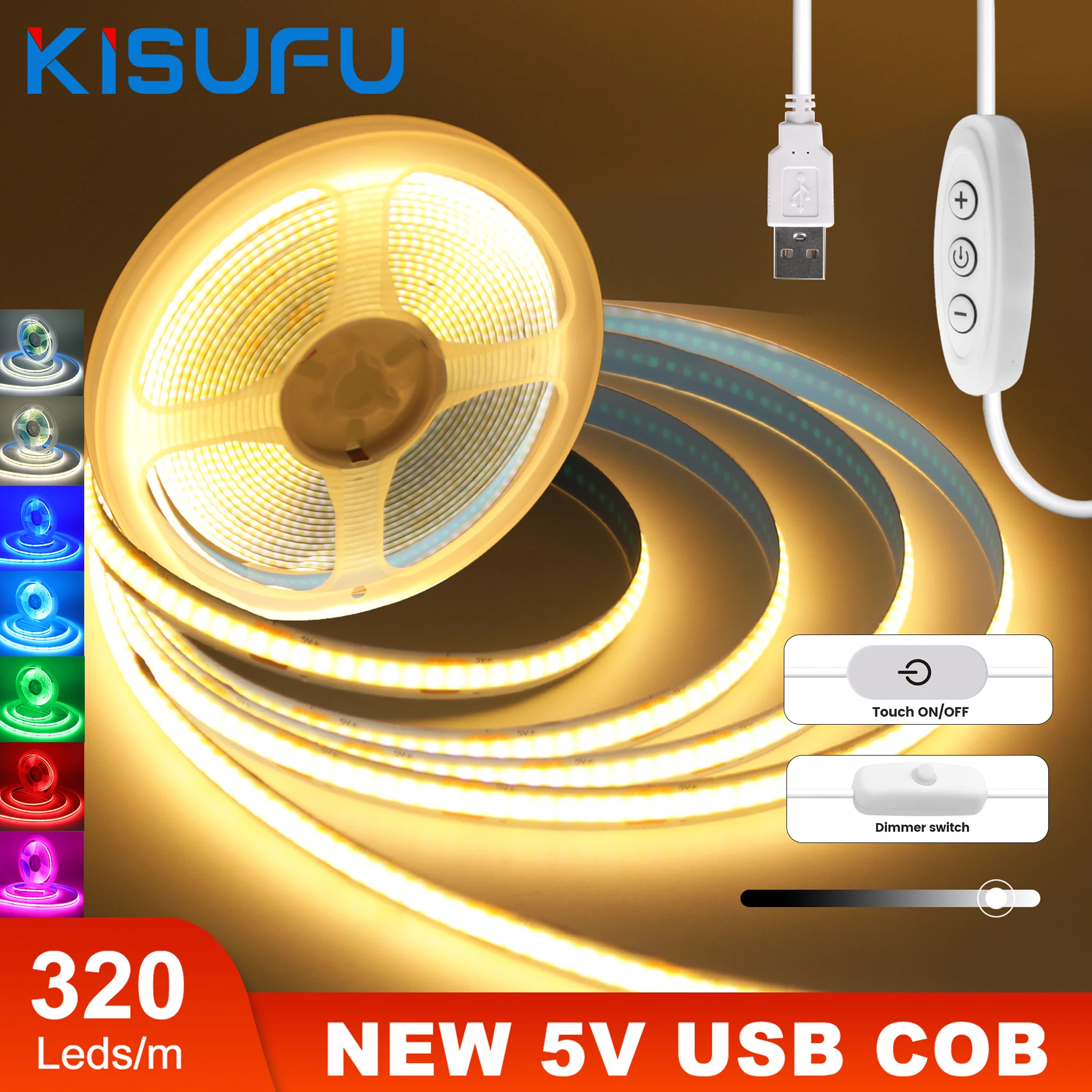 Dimmbare 5V USB COB LED-Lichtleiste mit Berührungssensor/EIN/AUS-Schalter, flexibles LED-Band, Weihnachts-TV-Hintergrundbeleuchtung, Klebeband, 1M-5M