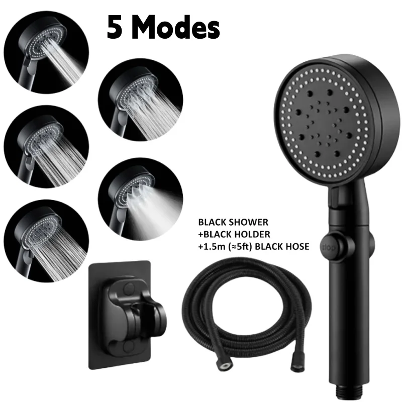3 Teile/satz Einstellbare Silber/Schwarz Duschkopf, Hochdruck Wasser Sparende Dusche Kopf Mit 5 Modi + Wand Halterung + 1,5 M Schlauch Image