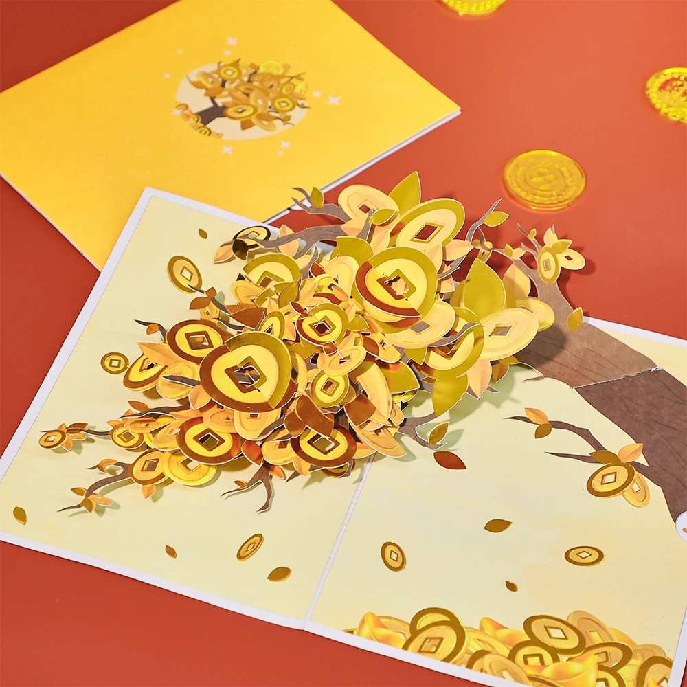 Goldene Münze Baum Grüße Karte Glücks baum 3d Postkarte Vatertag Neujahr kreative Geschenke Geburtstags karten für Eltern Liebhaber fr Image