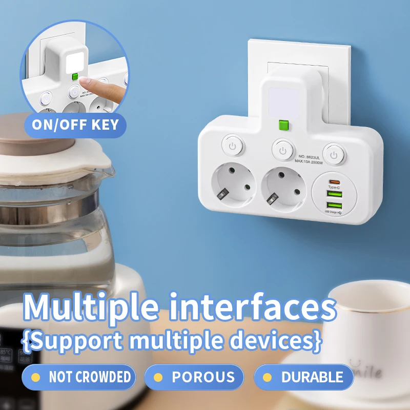 Spina UE Presa CA Presa multipla Presa a muro Presa di rete universale Filtro di rete USB Cherger Adattatore luce interruttore separato
