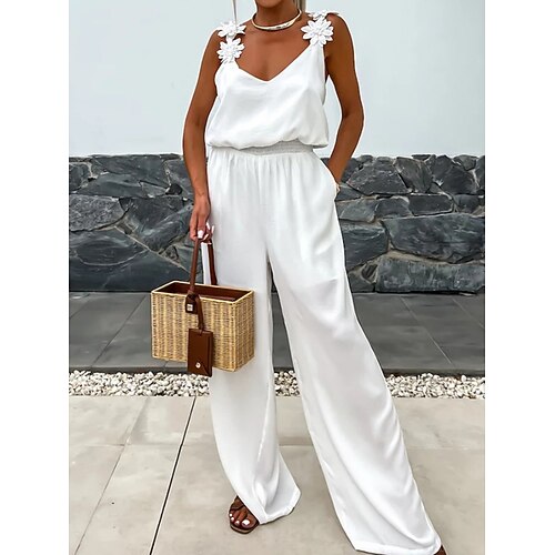 Damen Normal Jumpsuit Aktiv Feste Farbe Ärmellos V Ausschnitt Tasche Urlaub Täglich Regular Fit Schwarz Weiß Rote Sommer Image