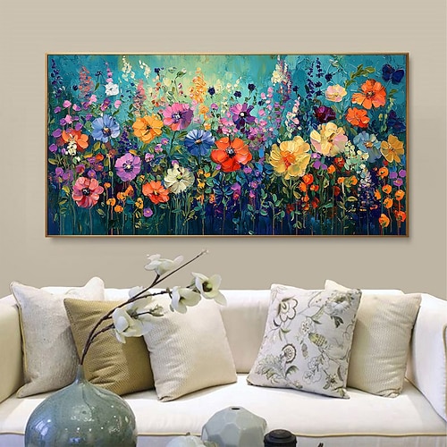 handgefertigtes Original-Ölgemälde mit bunten Blumen auf Leinwand, abstrakte Struktur, Blumengruppen-Gemälde, Wandkunst für die Inneneinrichtung mit gespanntem Rahmen/ohne Innenrahmen Image