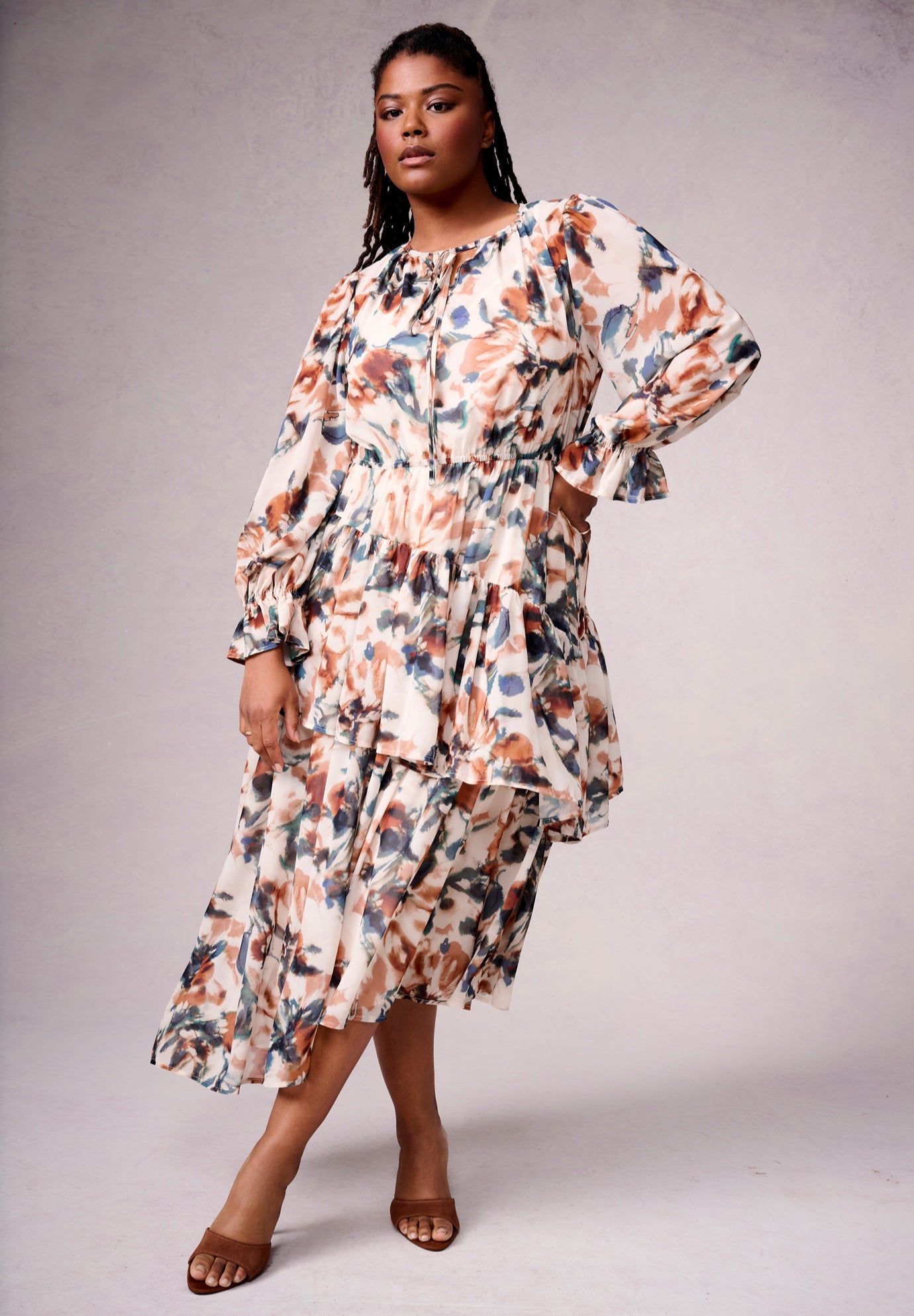 Plus Size Women's Tiered Pleated Midi Dress by June & Vie in Watercolor Floral (Size 14/16)