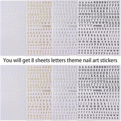 TEMU 4pcs/8pcs Letter Nail Stickers, 3d Self-adhesive English Alphabet Nail Decals, Black, White, Golden, Silvery, Size Letter Nail Art Design Stickers For Diy Acrylic Nail Art Decoration Charm Image
