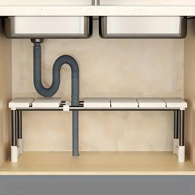 TEMU Space-saving Adjustable Under Sink Organizer - Stainless Steel & Plastic, Multi-tier Storage Rack For Kitchen & Bathroom Cabinets Image