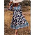 Femme Robe mi-longue Robe casual Robe Trapèze robe boheme Robe d'invité de mariage bohème Ethnique Décontractées Vacances du quotidien Standard Floral Manches 3/4 Col V Noir bleu marine Bleu clair