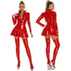 Frauen Hot Sexy Glänzend PVC Leder Kleid Lange Sleeve Zipper Shiny Latex Plissee Regenschirm Rock Plus Größe Schwarz Rot