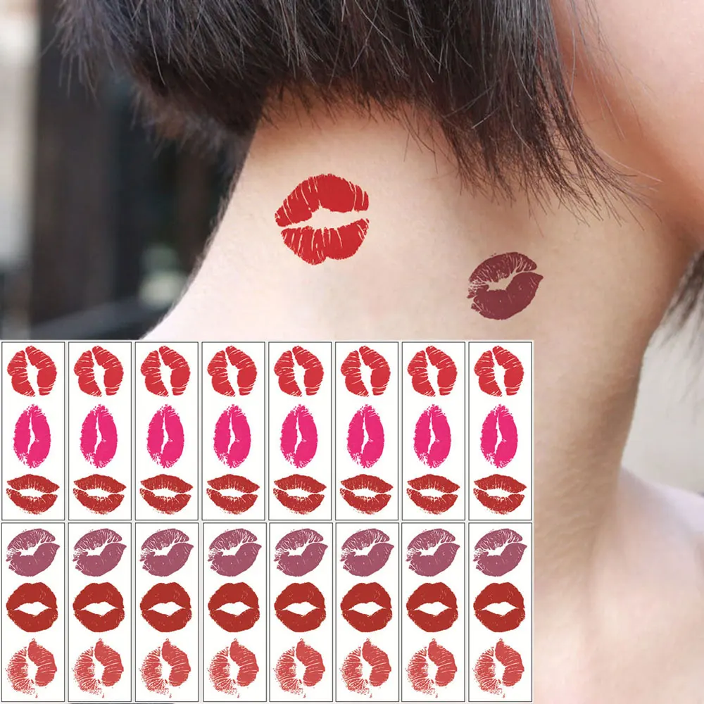 16 Stück Lippen-Tattoo-Aufkleber für Männer und Frauen, Valentinstag, wasserfest, rote und lila Lippen, gefälschte Tattoo-Körperdekoration Image