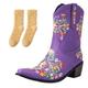 Xytraiihw Women's Embroidered Cowboy Short Boots, Autumn Winter Comfort Large Retro Chelsea Ankle Boots Pointed Fashion Knight Boots,Purple,4 UK