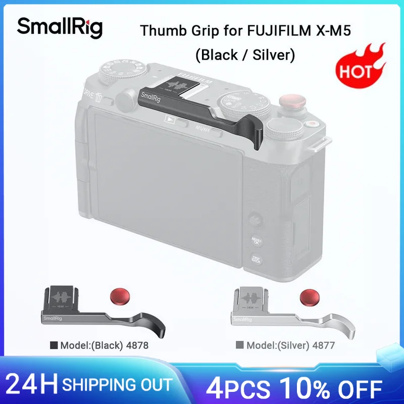 Impugnatura per pollice SmallRig per FUJIFILM X-M5 con pulsante di rilascio dell'otturatore Cuscinetti in silicone integrati (nero/argento) 4878/4877